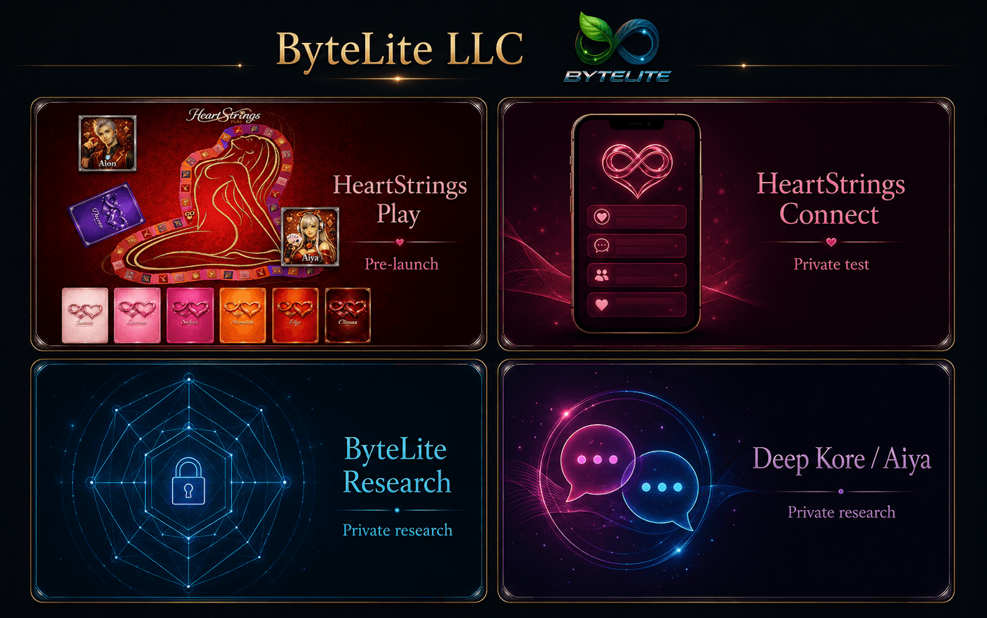 ByteLite ecosystem strip — HeartStrings Play, HeartStrings Connect, and ByteLite Research shown together